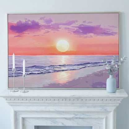 Ocean Sunset Beach Canvas Art, Waves and Horizon at Dusk in silver floating frame