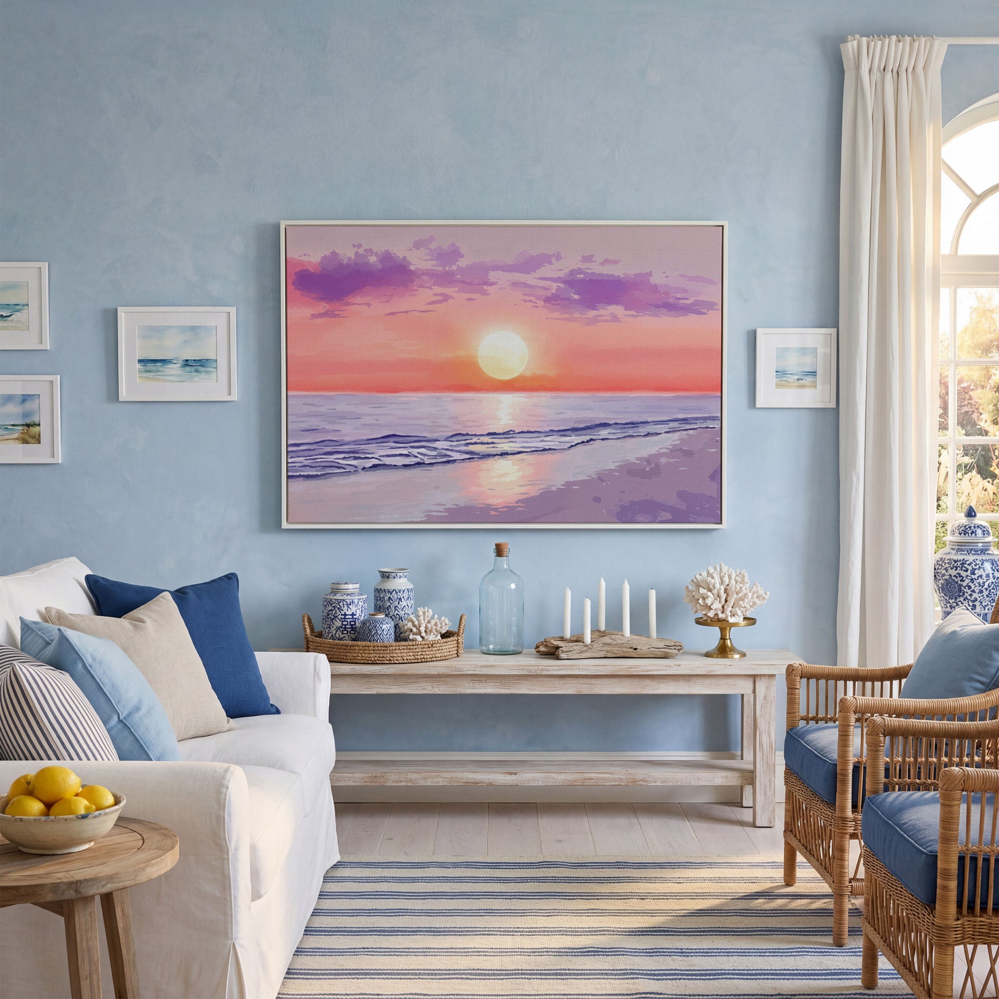 Ocean Sunset Beach Canvas Art, Waves and Horizon at Dusk in white floating frame