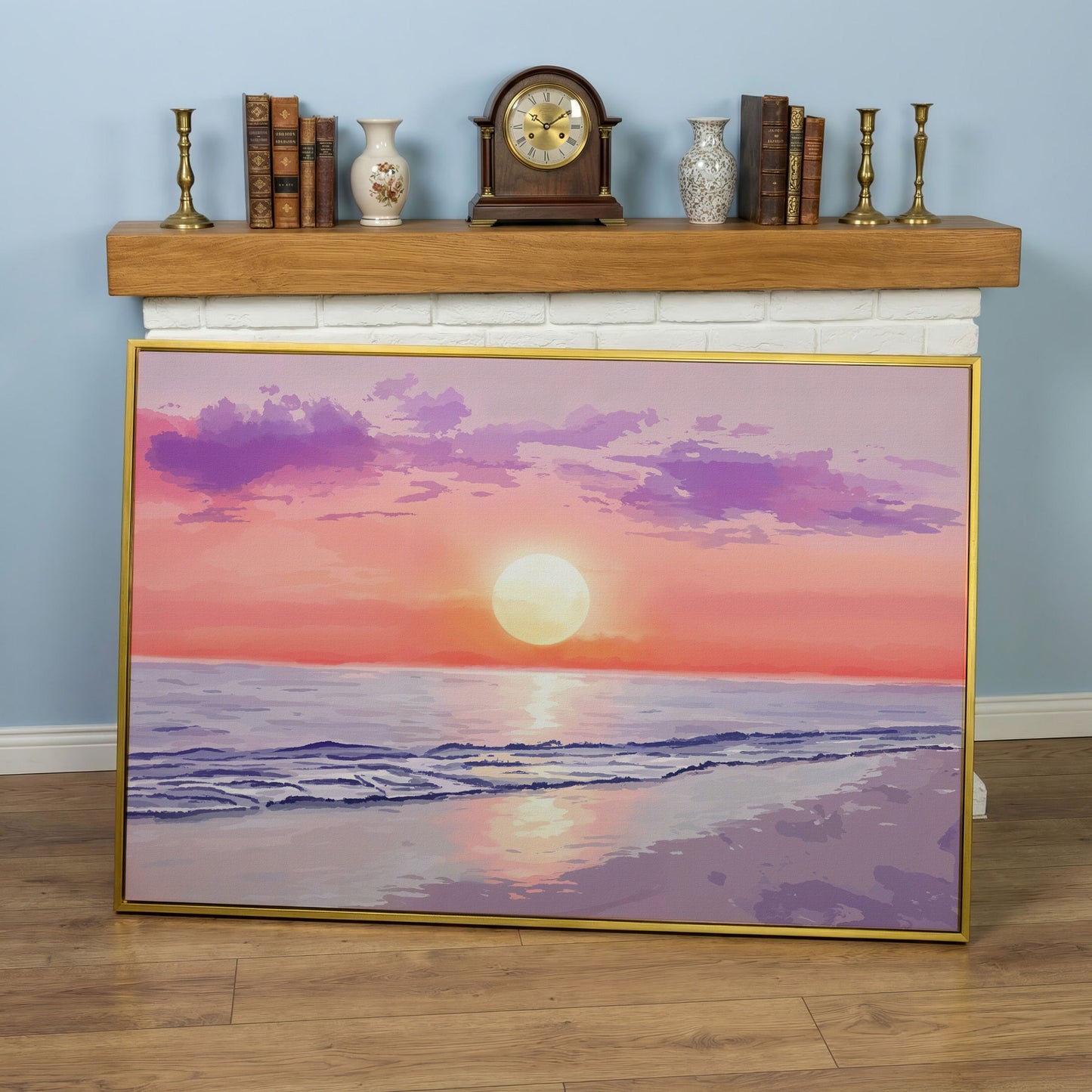 Ocean Sunset Beach Canvas Art, Waves and Horizon at Dusk in yellow gold floating frame