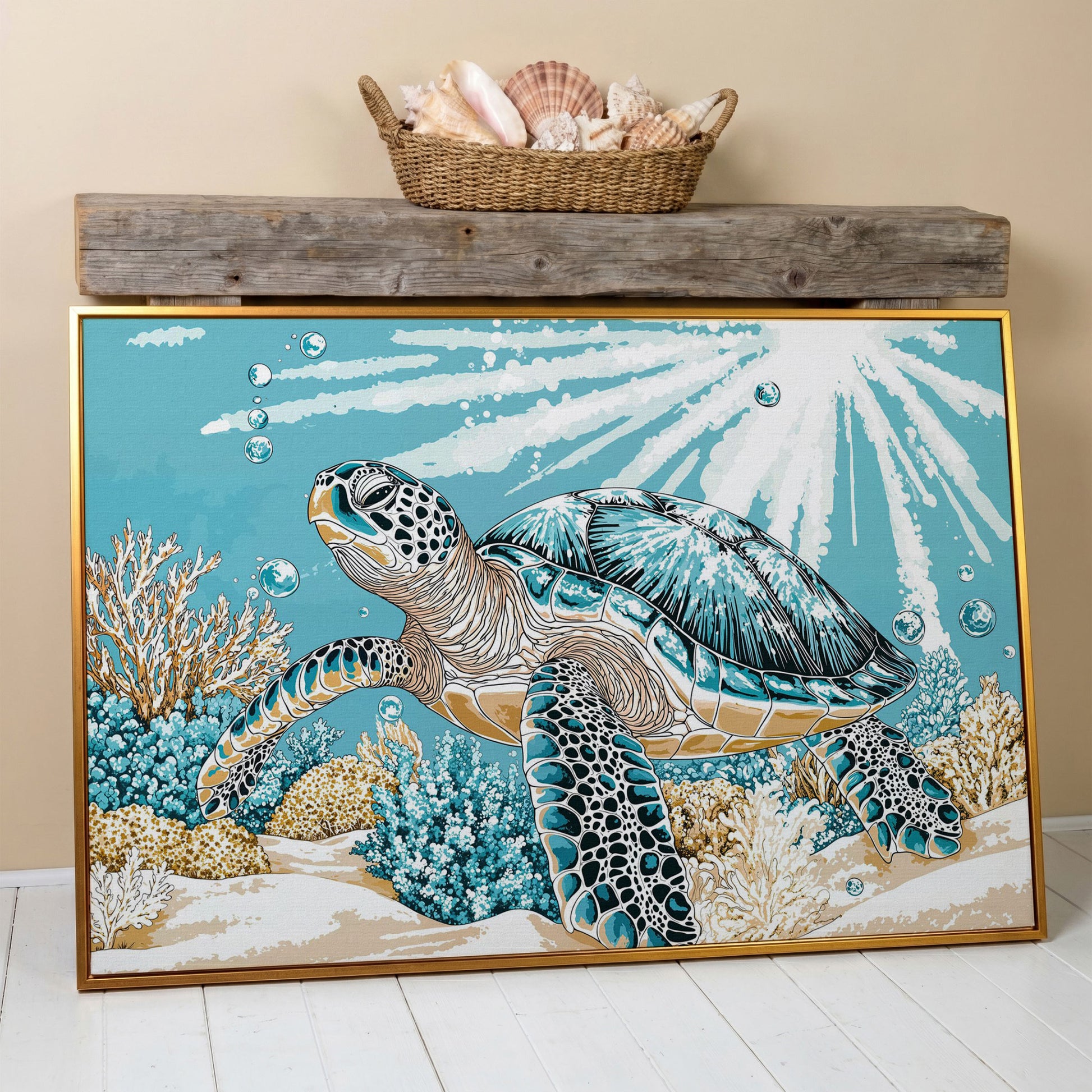 Sea Turtle Ocean Canvas Art, Coral Reef Sunlight Wall Print in antique gold floating frame