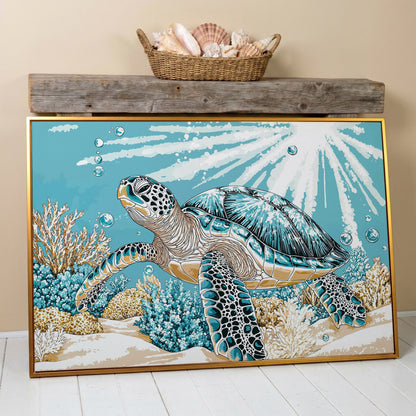 Sea Turtle Ocean Canvas Art, Coral Reef Sunlight Wall Print in antique gold floating frame