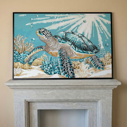 Sea Turtle Ocean Canvas Art, Coral Reef Sunlight Wall Print in black floating frame