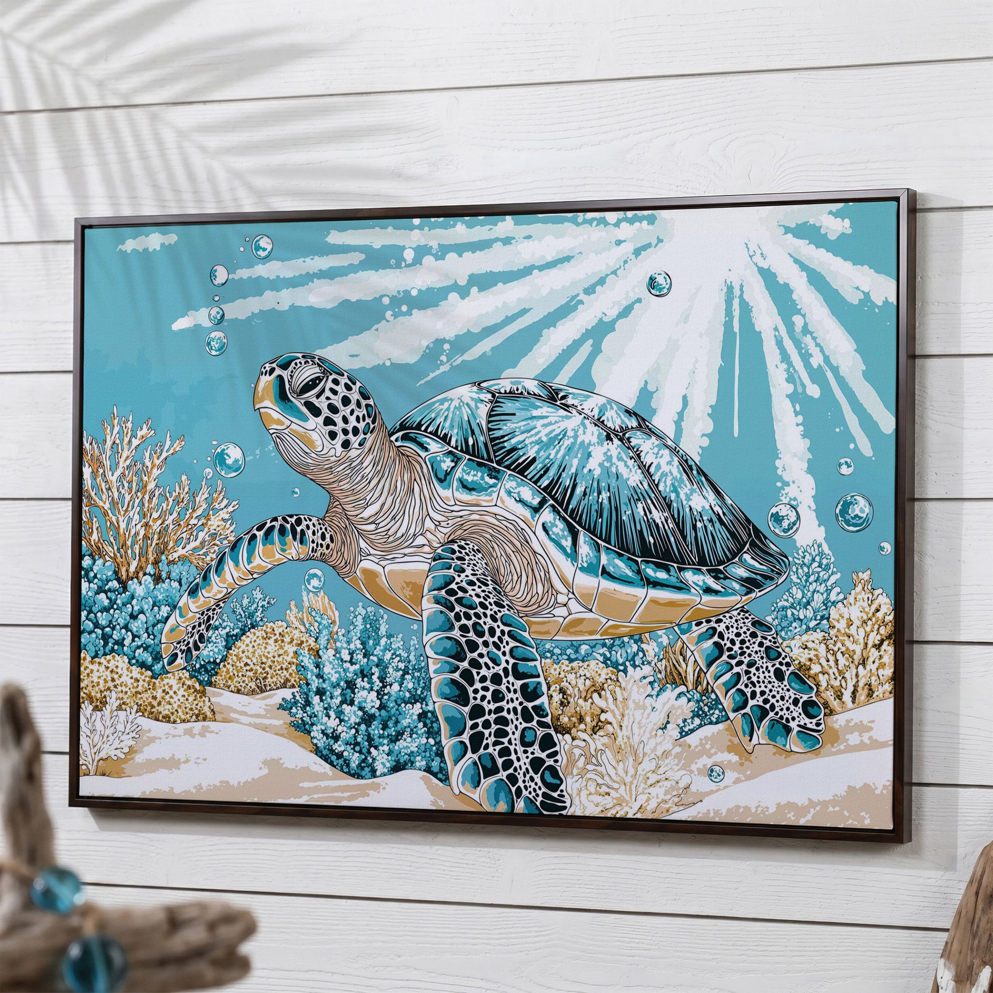 Sea Turtle Ocean Canvas Art, Coral Reef Sunlight Wall Print in dark walnut floating frame