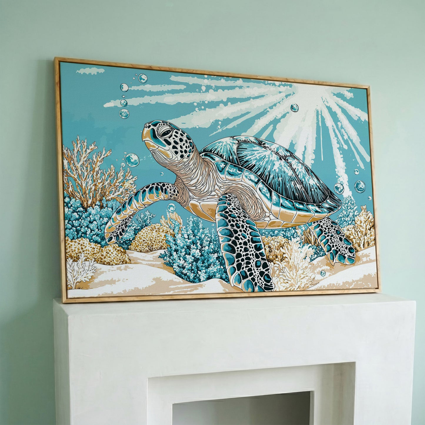 Sea Turtle Ocean Canvas Art, Coral Reef Sunlight Wall Print in white oak floating frame