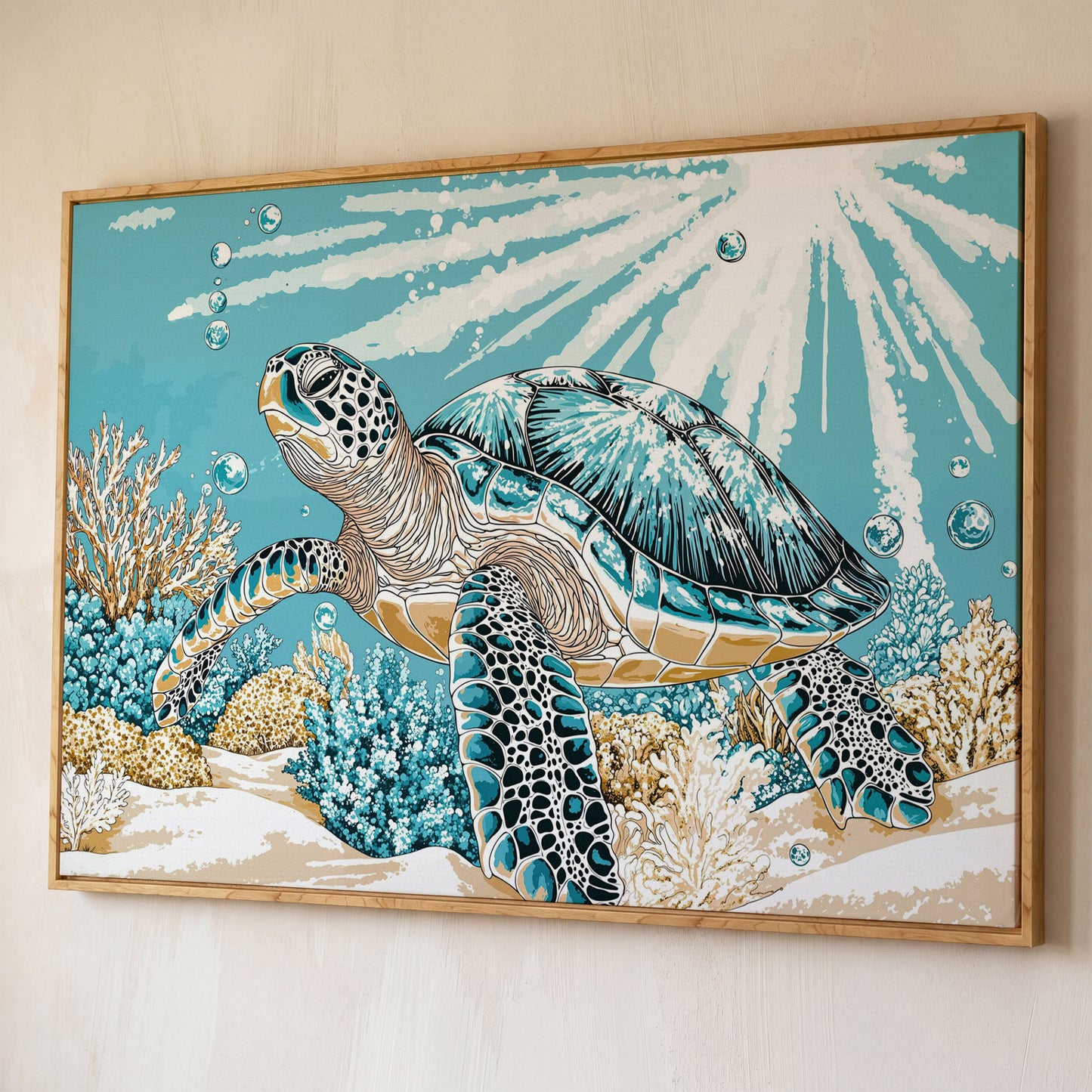 Sea Turtle Ocean Canvas Art, Coral Reef Sunlight Wall Print shown in white oak floating frame