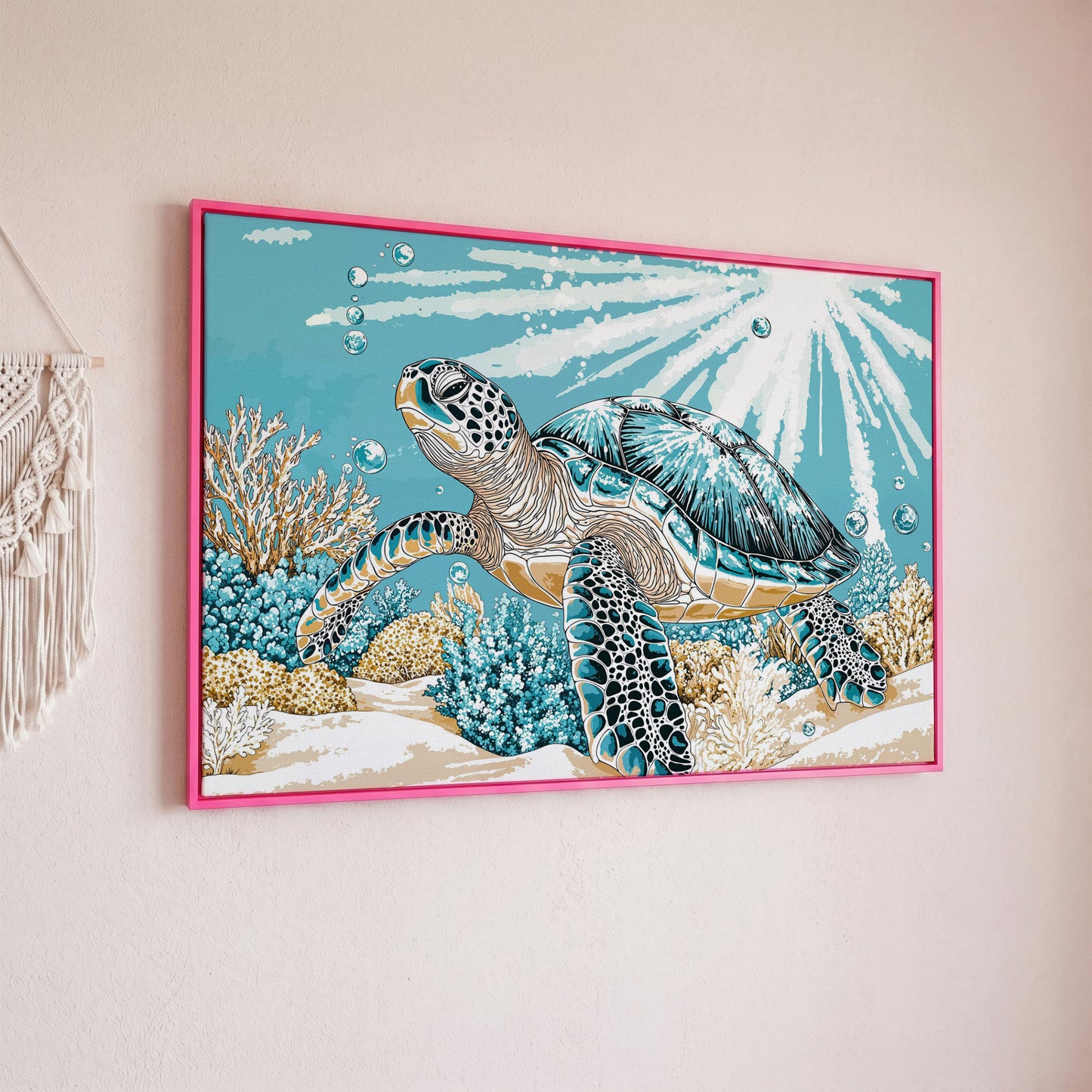 Sea Turtle Ocean Canvas Art, Coral Reef Sunlight Wall Print in pink floating frame