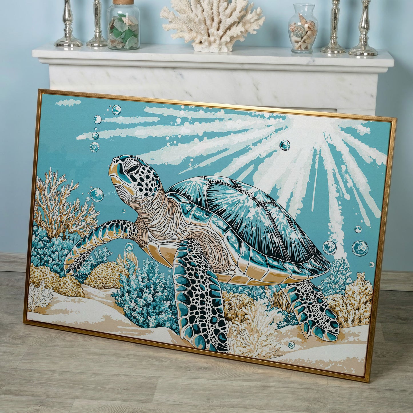 Sea Turtle Ocean Canvas Art, Coral Reef Sunlight Wall Print in rose gold floating frame