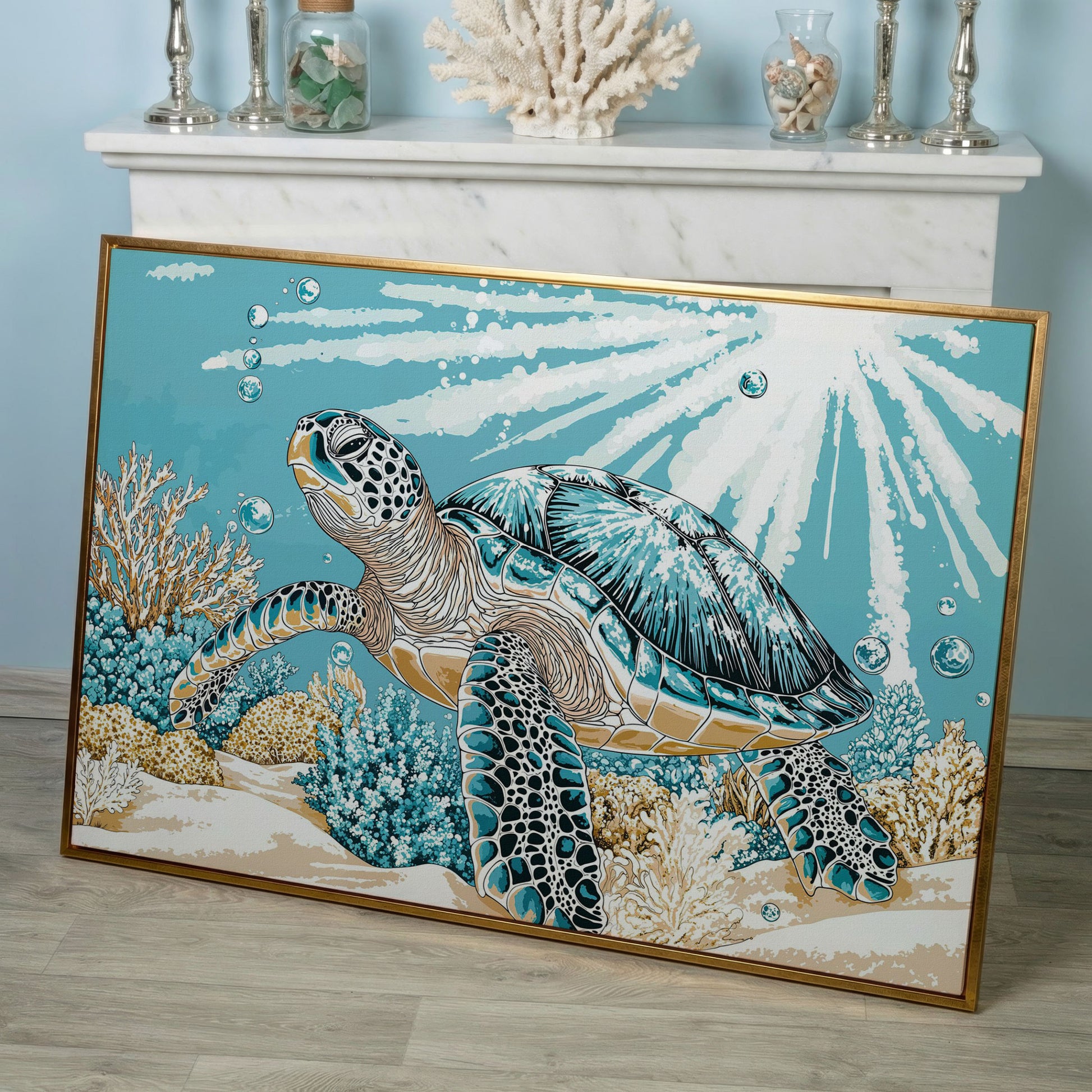 Sea Turtle Ocean Canvas Art, Coral Reef Sunlight Wall Print in rose gold floating frame