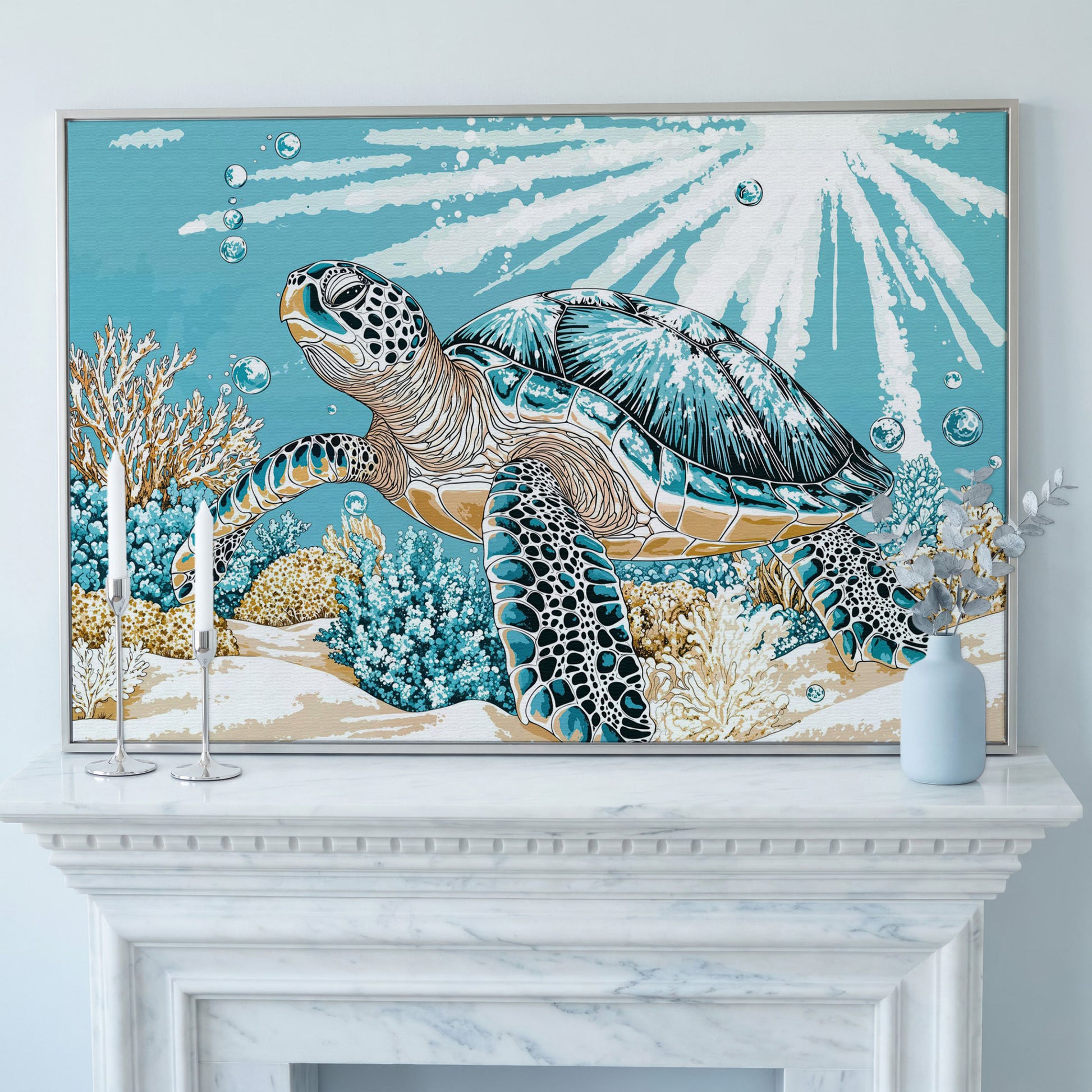 Sea Turtle Ocean Canvas Art, Coral Reef Sunlight Wall Print in silver floating frame