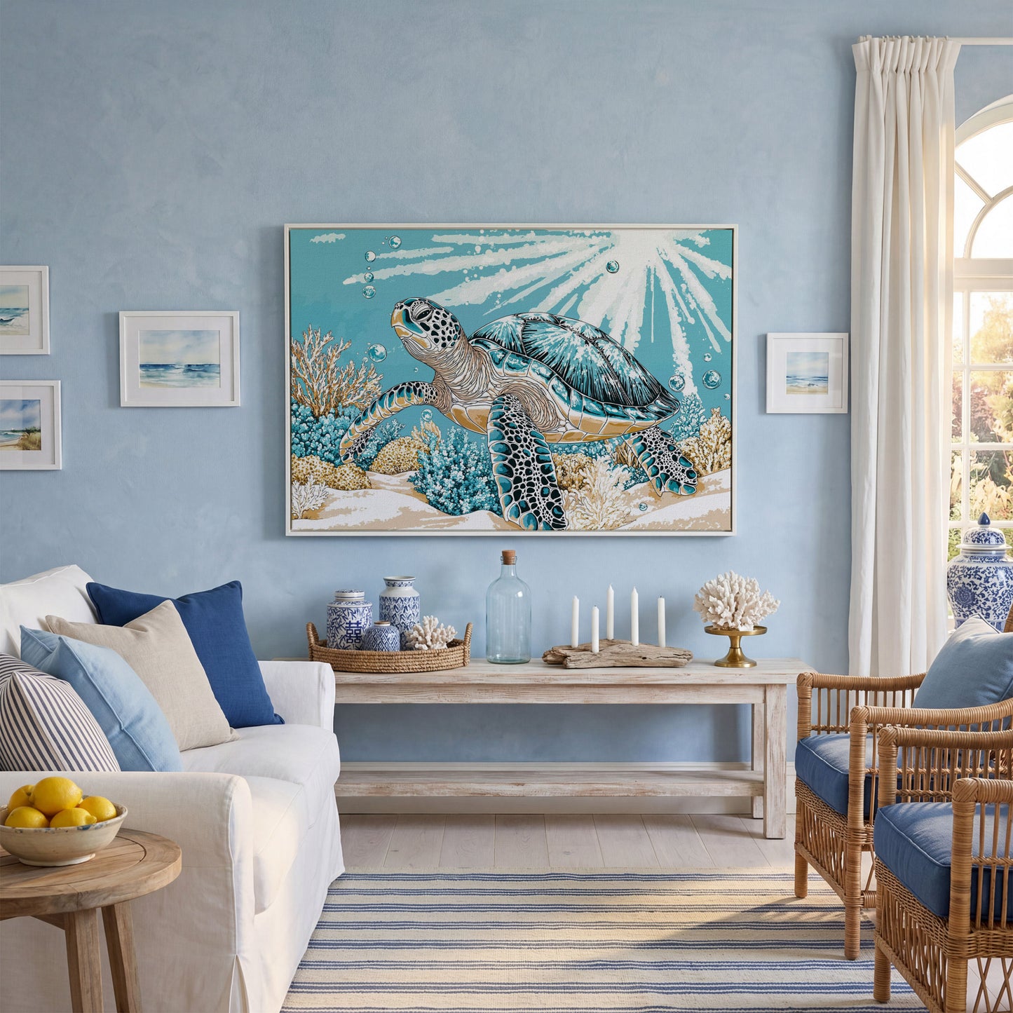 Sea Turtle Ocean Canvas Art, Coral Reef Sunlight Wall Print in white floating frame