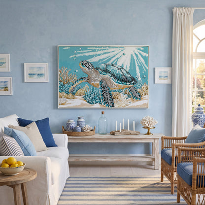 Sea Turtle Ocean Canvas Art, Coral Reef Sunlight Wall Print in white floating frame