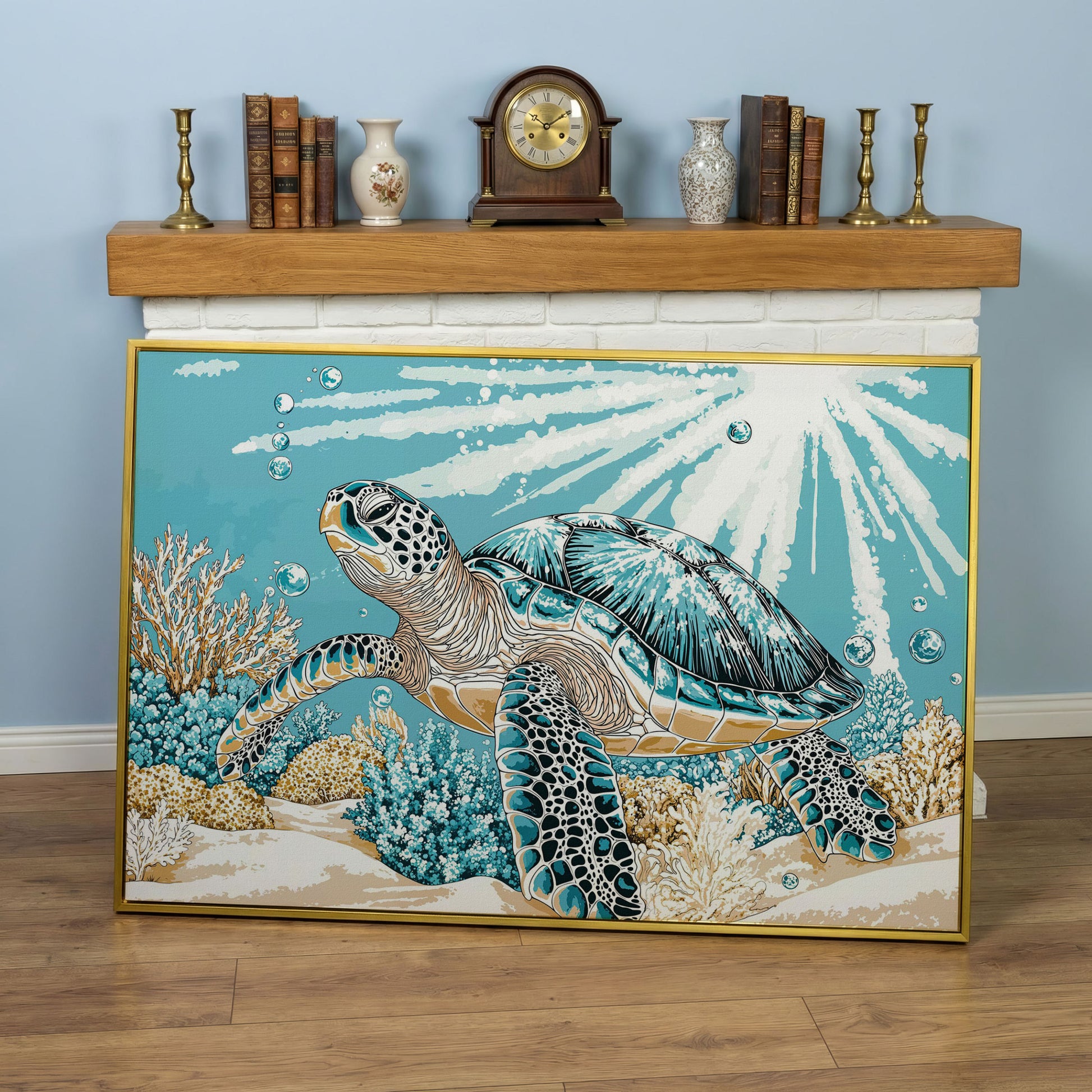 Sea Turtle Ocean Canvas Art, Coral Reef Sunlight Wall Print in yellow gold floating frame