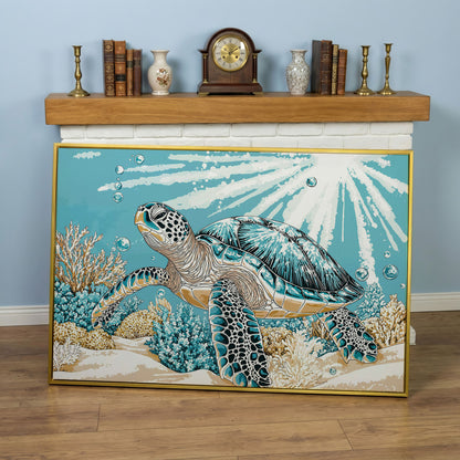 Sea Turtle Ocean Canvas Art, Coral Reef Sunlight Wall Print in yellow gold floating frame
