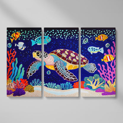 Vibrant Sea Turtle Among Coral and Fish Canvas Art as 3-panel split version