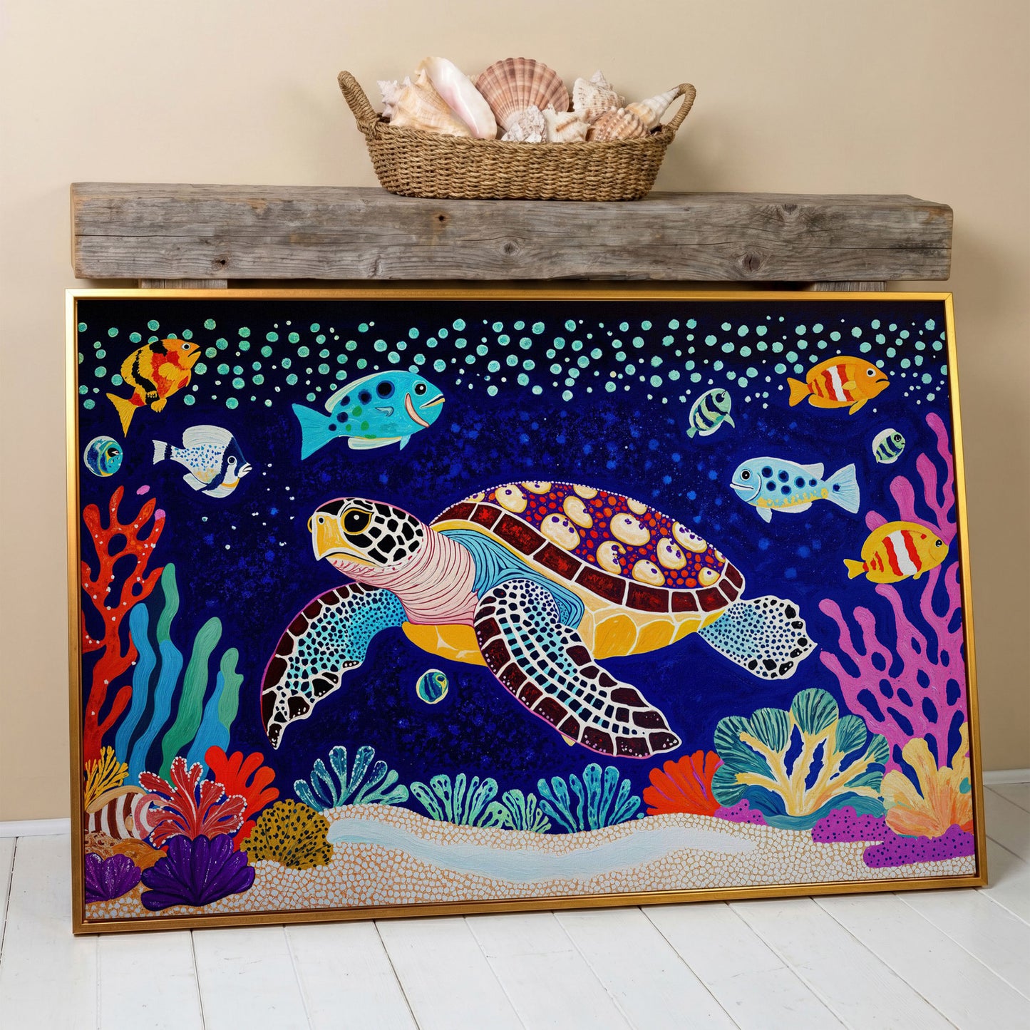 Vibrant Sea Turtle Among Coral and Fish Canvas Art in antique gold floating frame