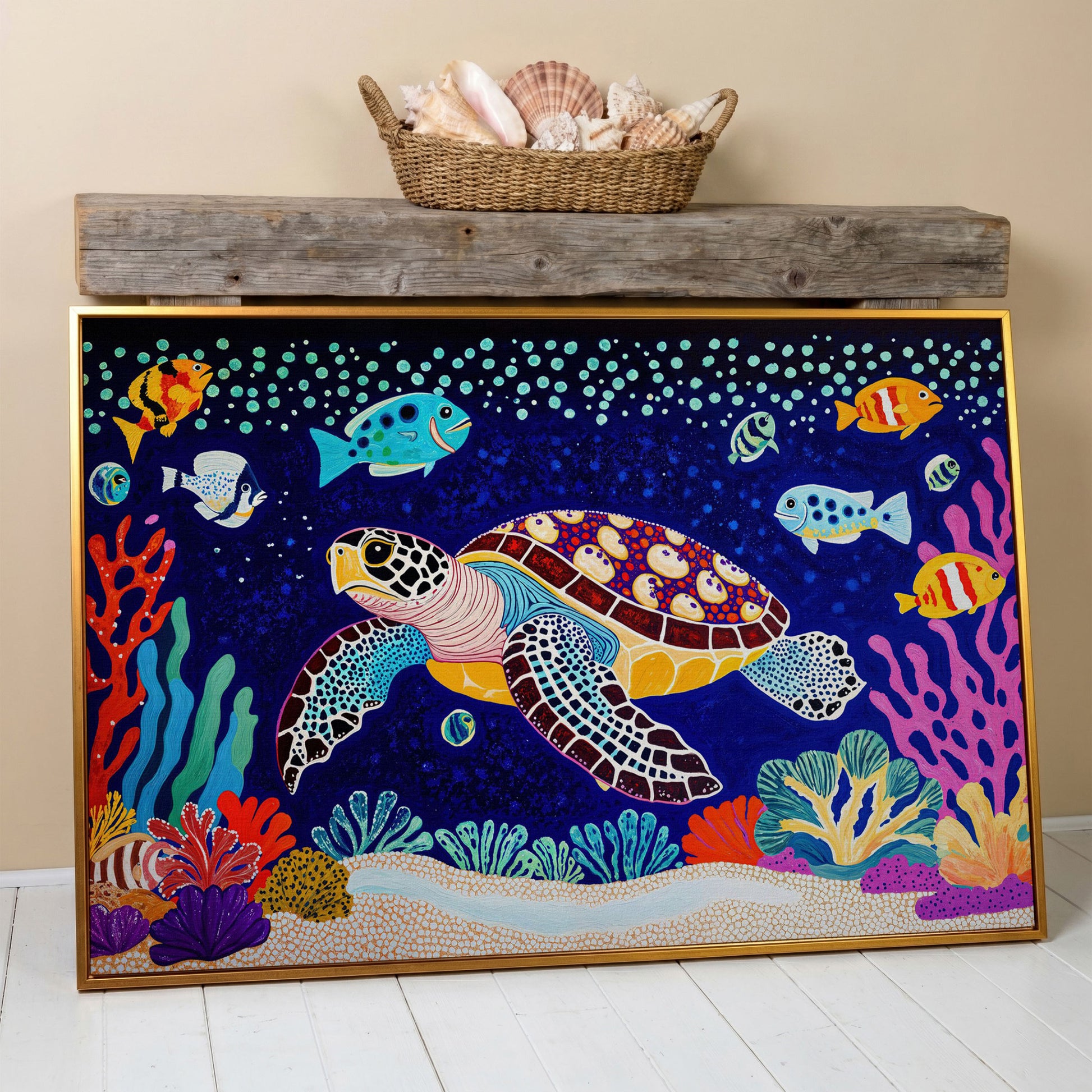 Vibrant Sea Turtle Among Coral and Fish Canvas Art in antique gold floating frame