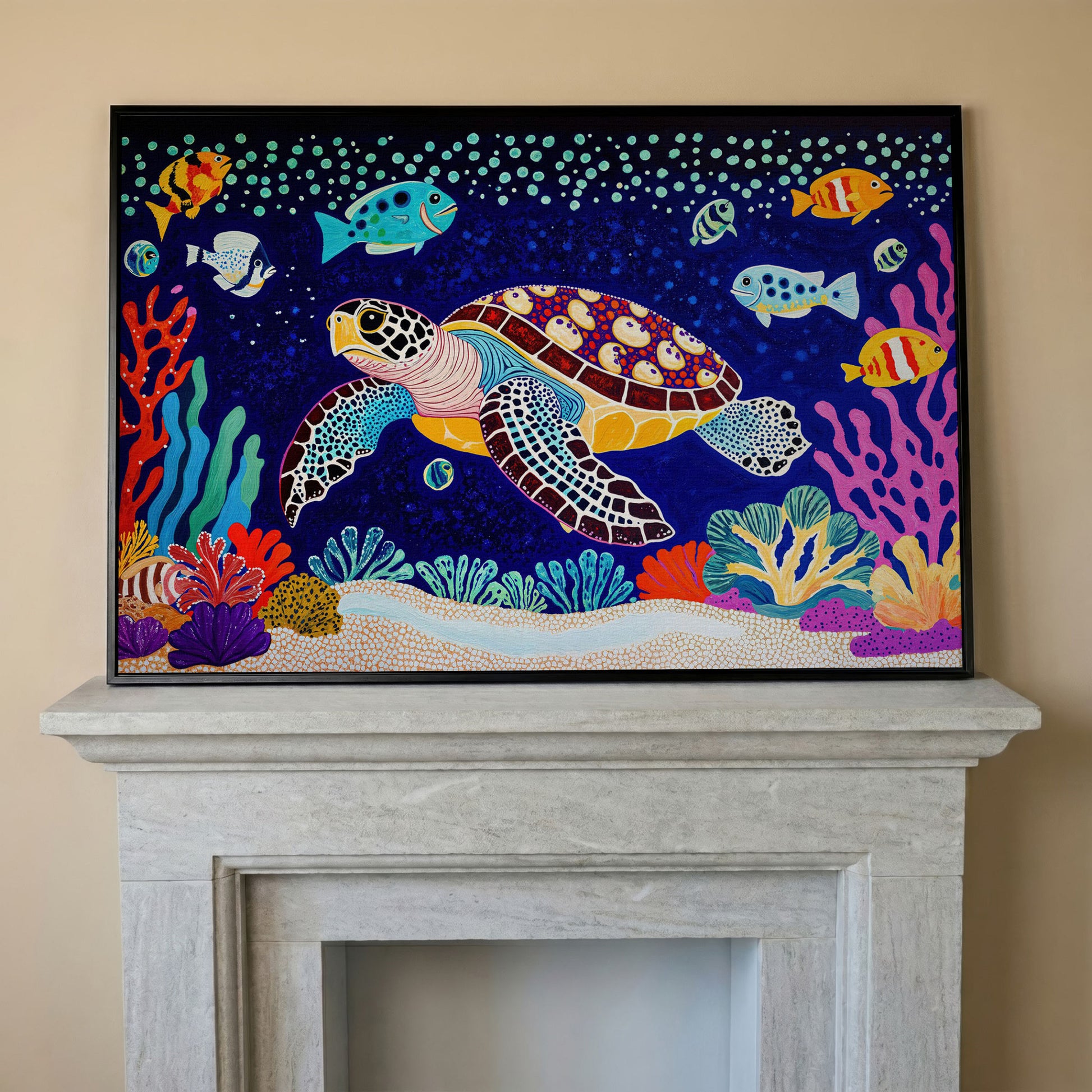Vibrant Sea Turtle Among Coral and Fish Canvas Art in black floating frame