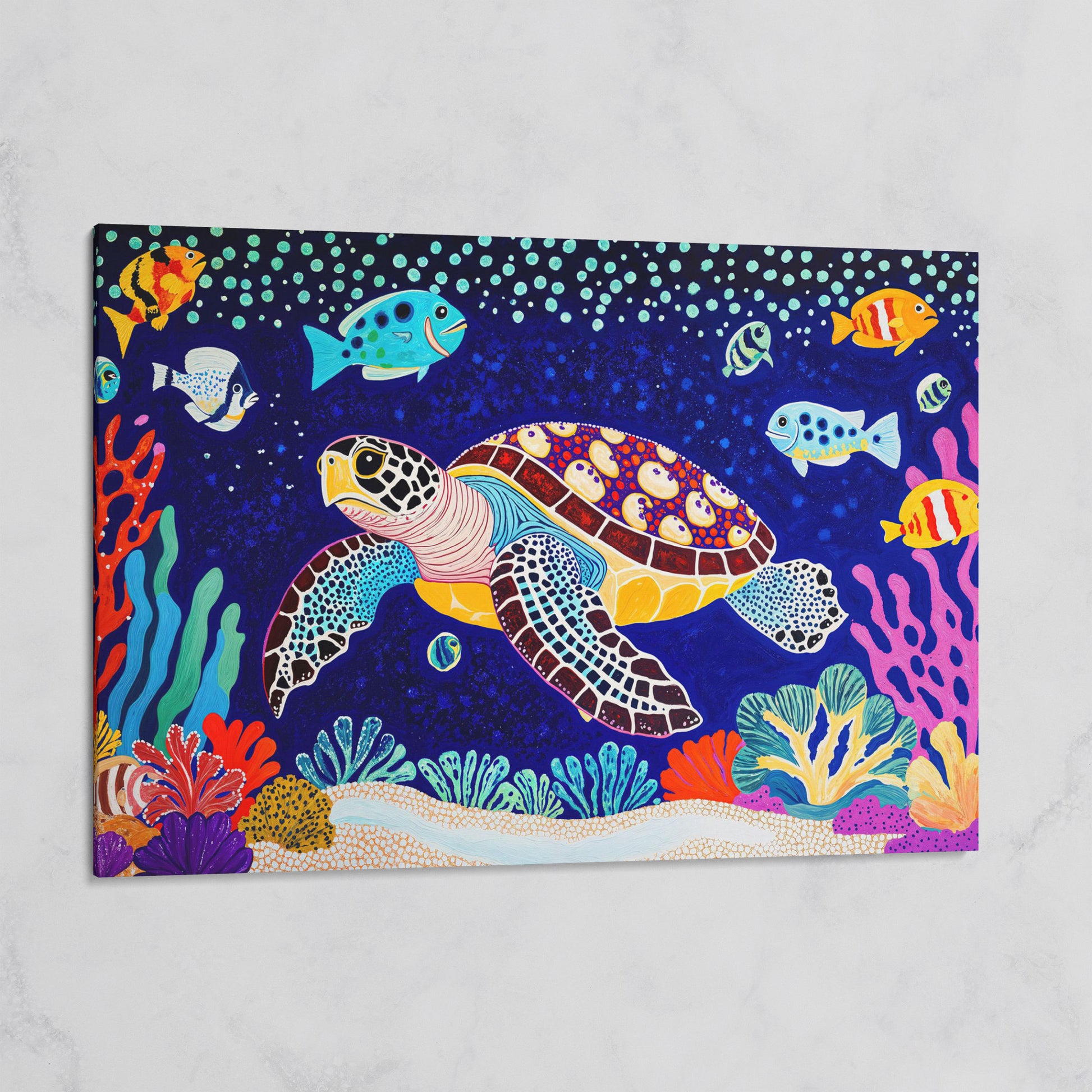 Vibrant Sea Turtle Among Coral and Fish Canvas Art on gallery wrap