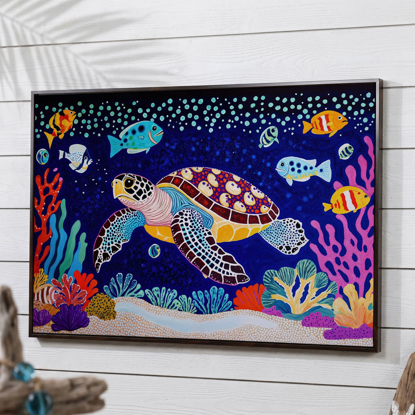 Vibrant Sea Turtle Among Coral and Fish Canvas Art in dark walnut floating frame
