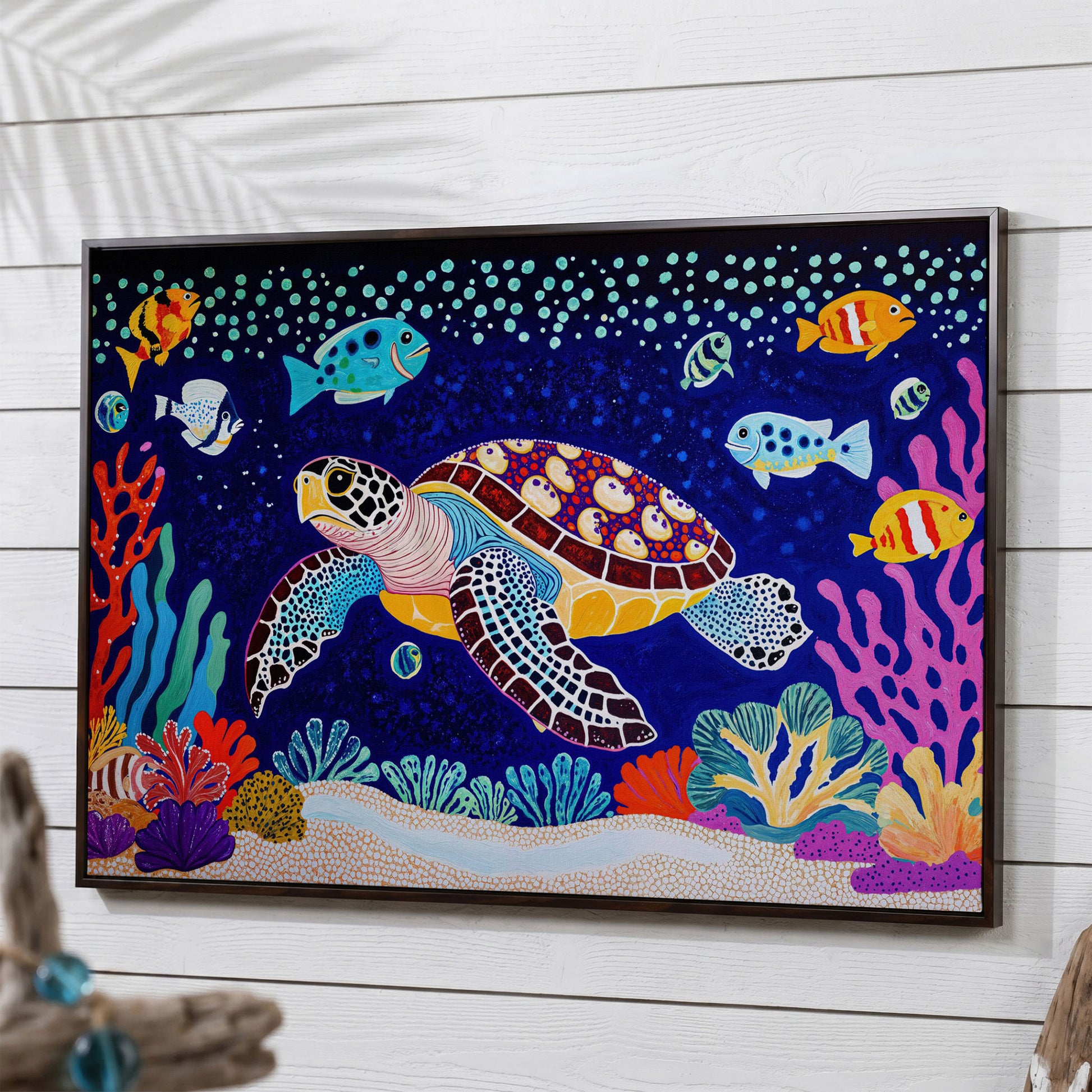 Vibrant Sea Turtle Among Coral and Fish Canvas Art in dark walnut floating frame