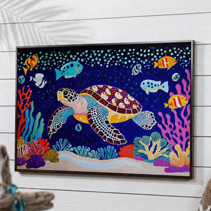 Vibrant Sea Turtle Among Coral and Fish Canvas Art in dark walnut floating frame