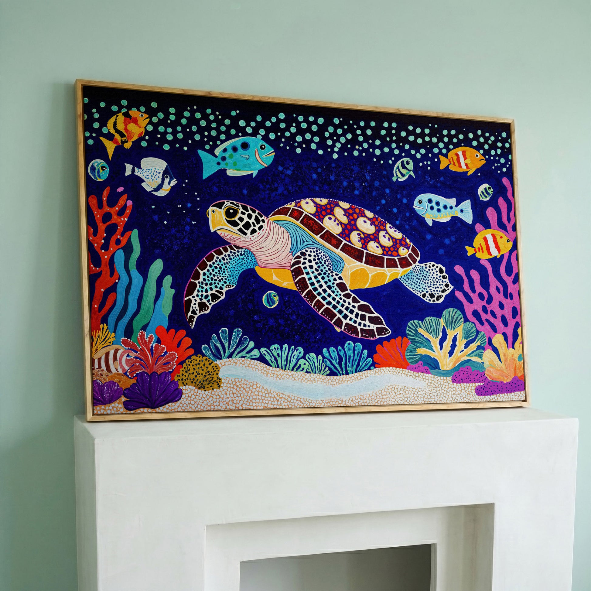Vibrant Sea Turtle Among Coral and Fish Canvas Art in white oak floating frame