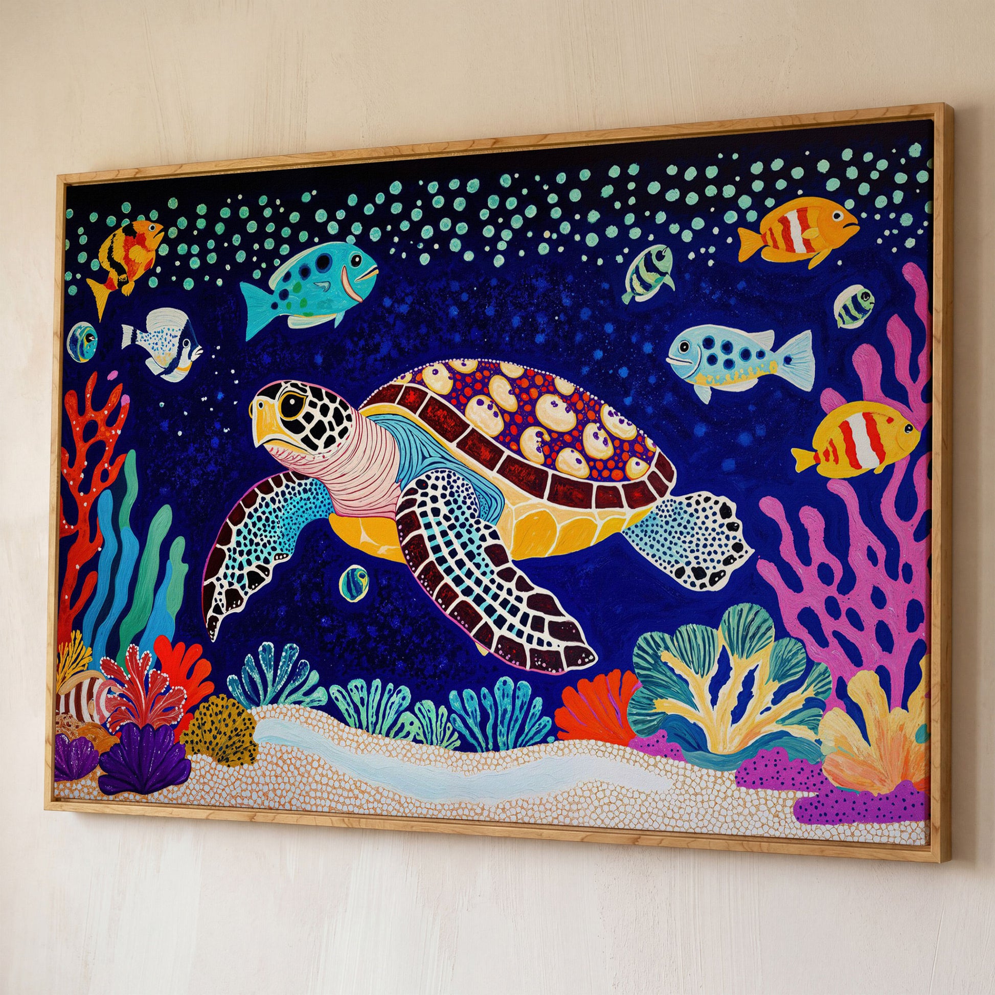 Vibrant Sea Turtle Among Coral and Fish Canvas Art shown in white oak floating frame