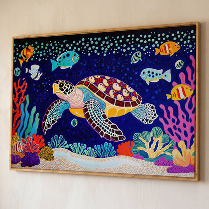 Vibrant Sea Turtle Among Coral and Fish Canvas Art shown in white oak floating frame