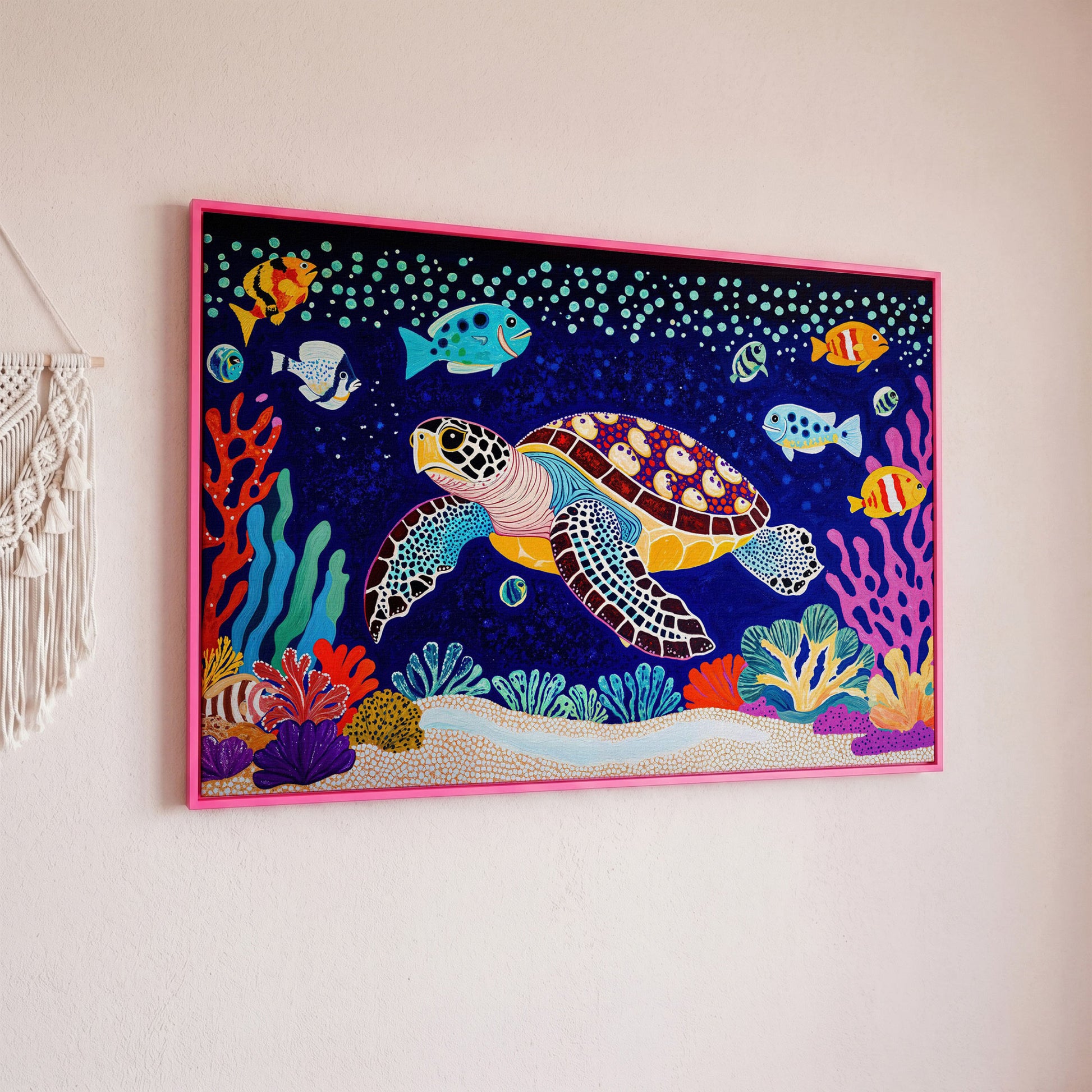 Vibrant Sea Turtle Among Coral and Fish Canvas Art in pink floating frame