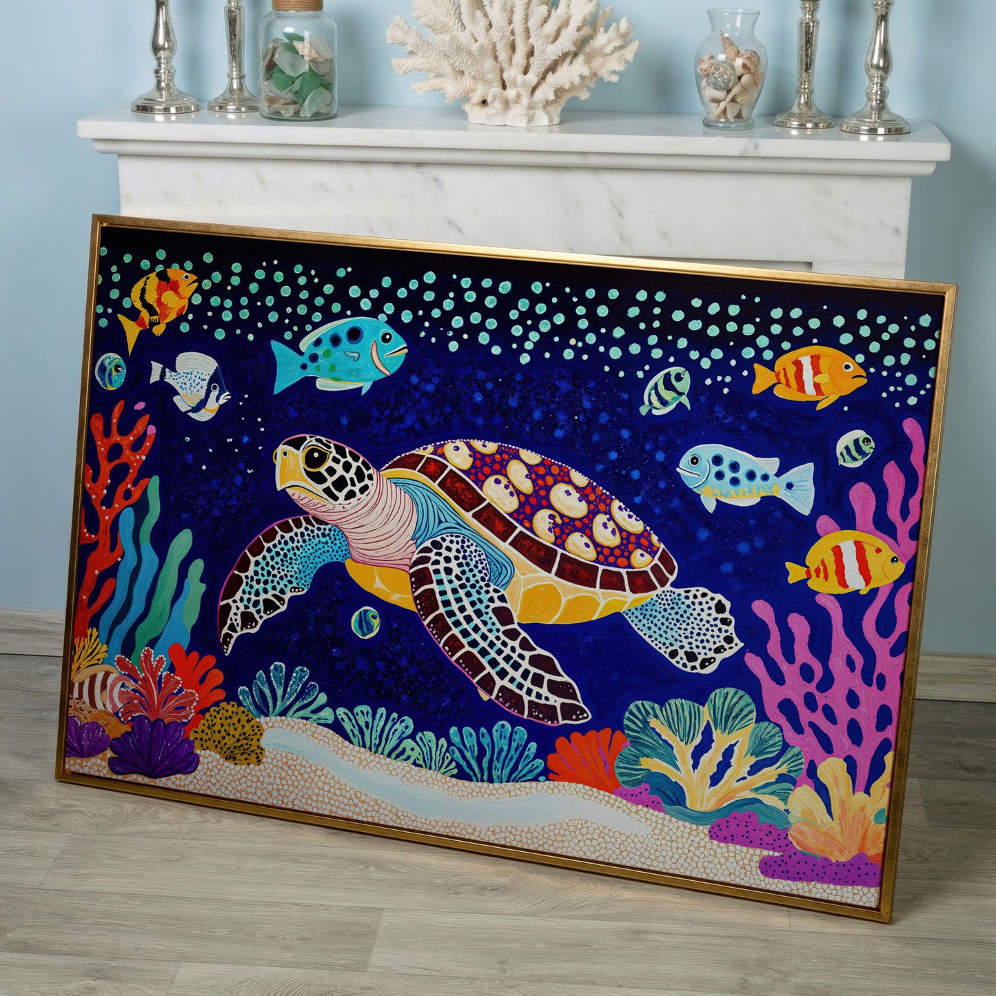 Vibrant Sea Turtle Among Coral and Fish Canvas Art in rose gold floating frame