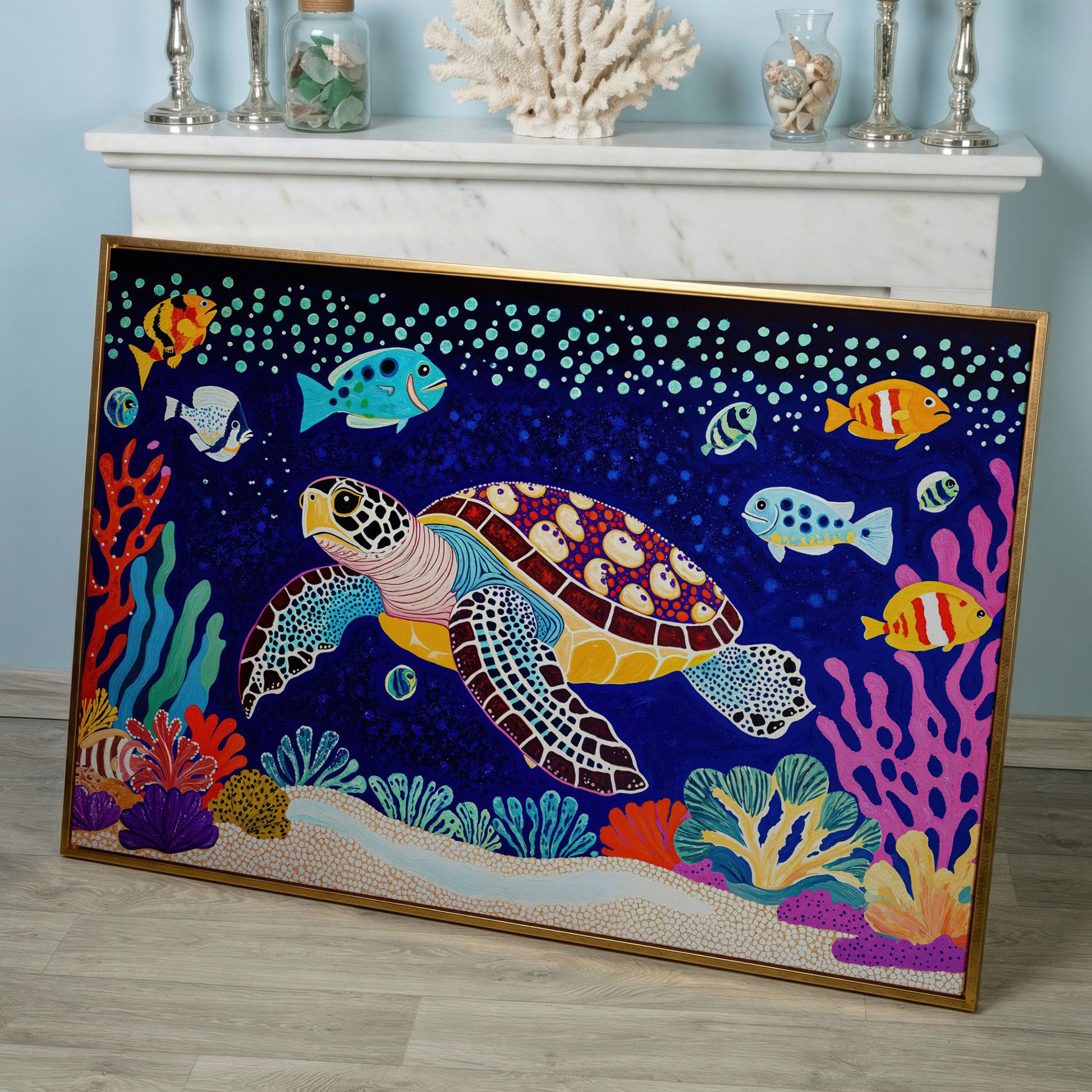 Vibrant Sea Turtle Among Coral and Fish Canvas Art in rose gold floating frame