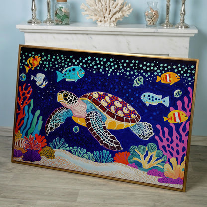 Vibrant Sea Turtle Among Coral and Fish Canvas Art in rose gold floating frame