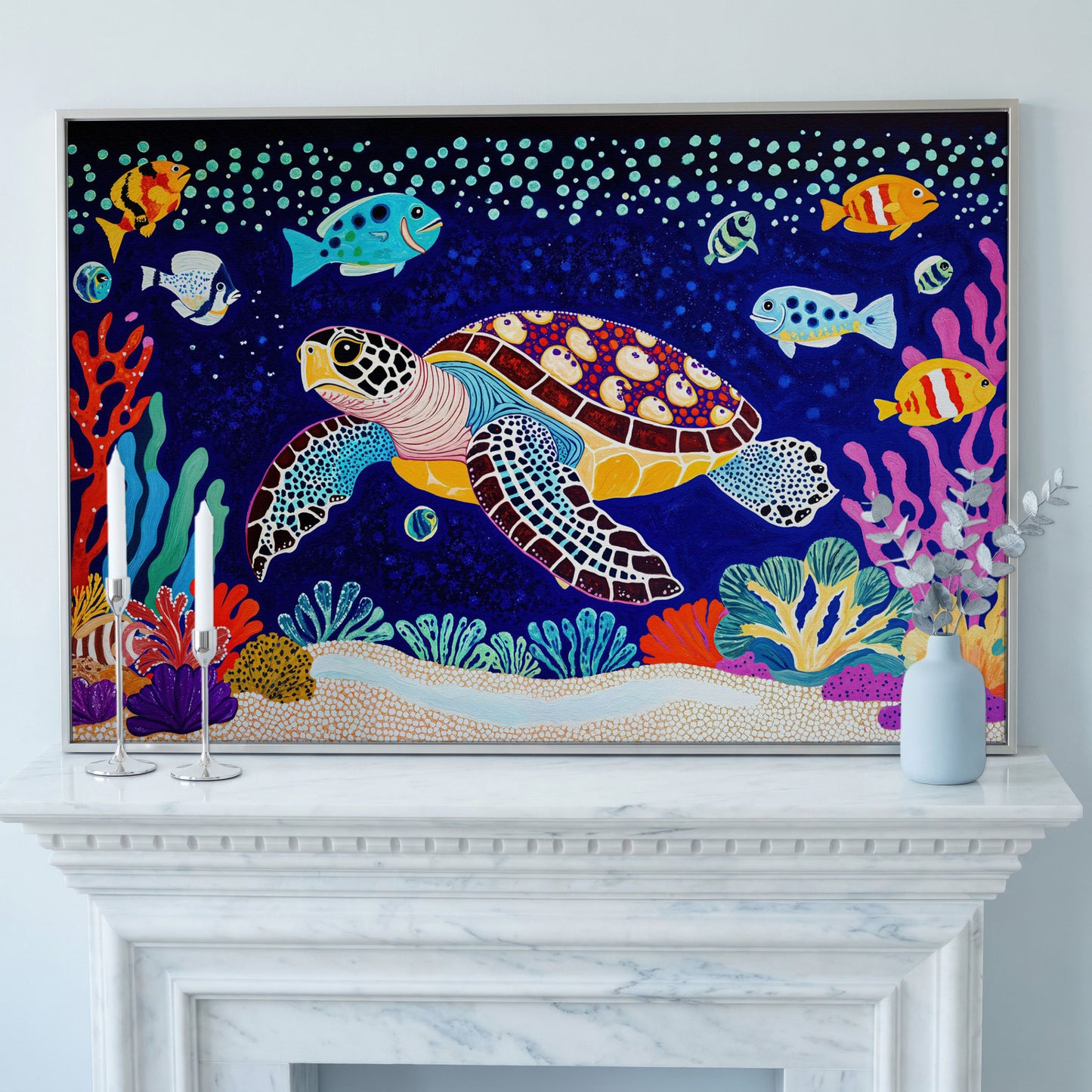 Vibrant Sea Turtle Among Coral and Fish Canvas Art in silver floating frame