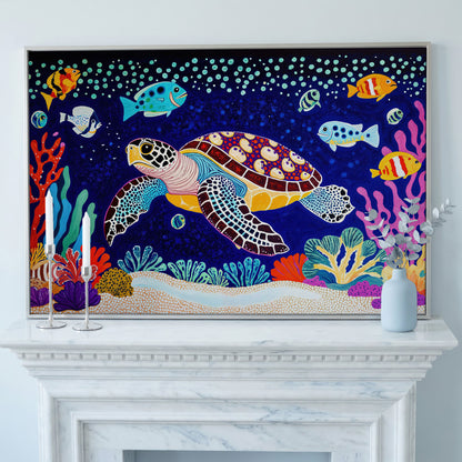 Vibrant Sea Turtle Among Coral and Fish Canvas Art in silver floating frame
