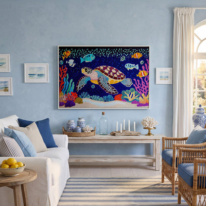 Vibrant Sea Turtle Among Coral and Fish Canvas Art in white floating frame