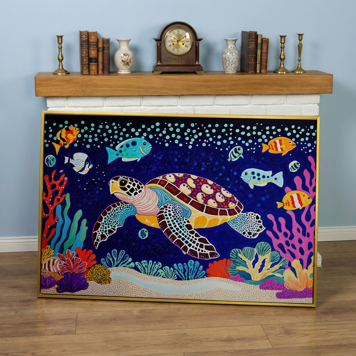 Vibrant Sea Turtle Among Coral and Fish Canvas Art in yellow gold floating frame