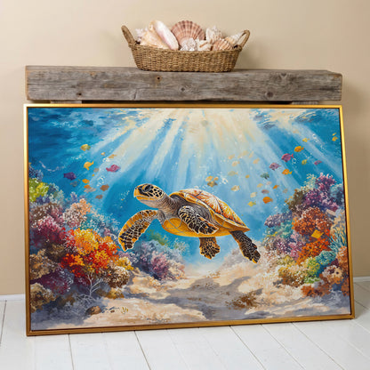 Sea Turtle Canvas Print with Sunlit Reef in antique gold floating frame