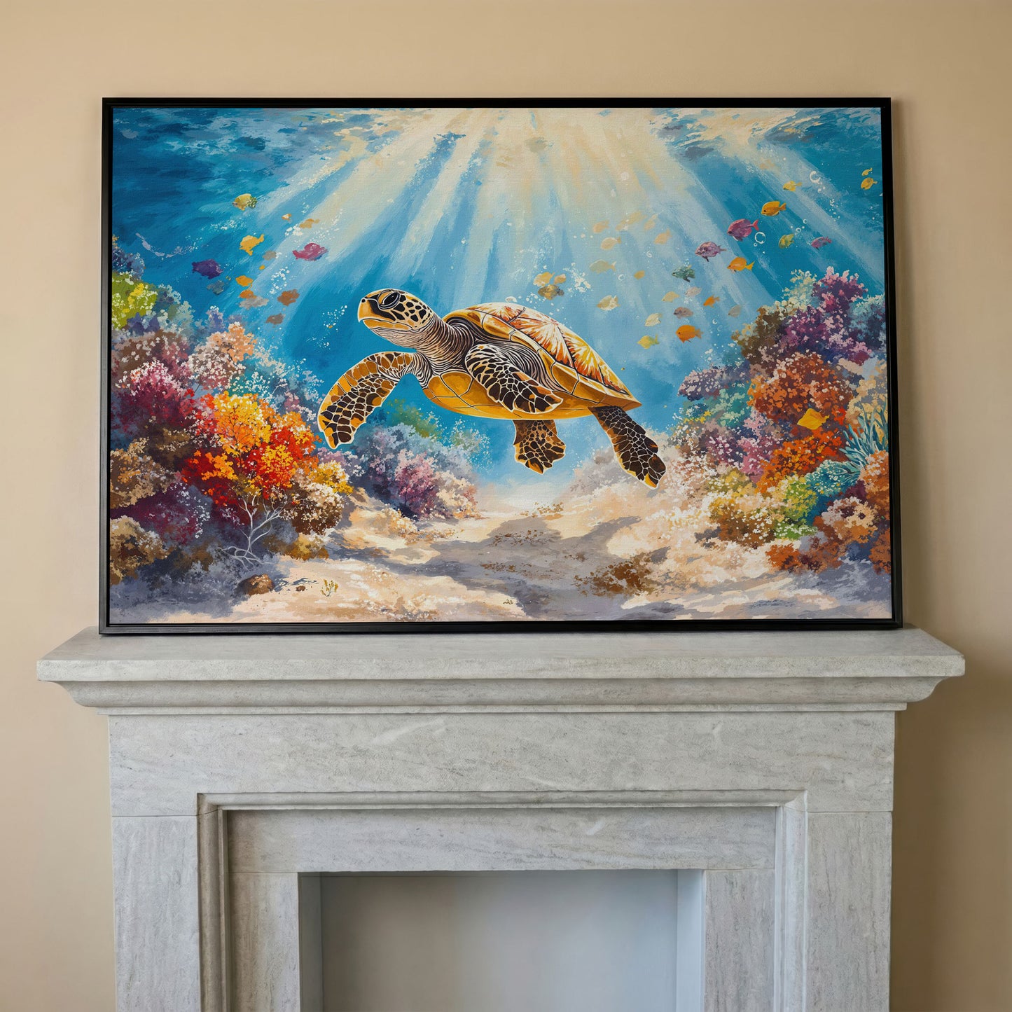 Sea Turtle Canvas Print with Sunlit Reef in black floating frame