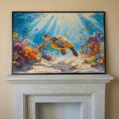 Sea Turtle Canvas Print with Sunlit Reef in black floating frame