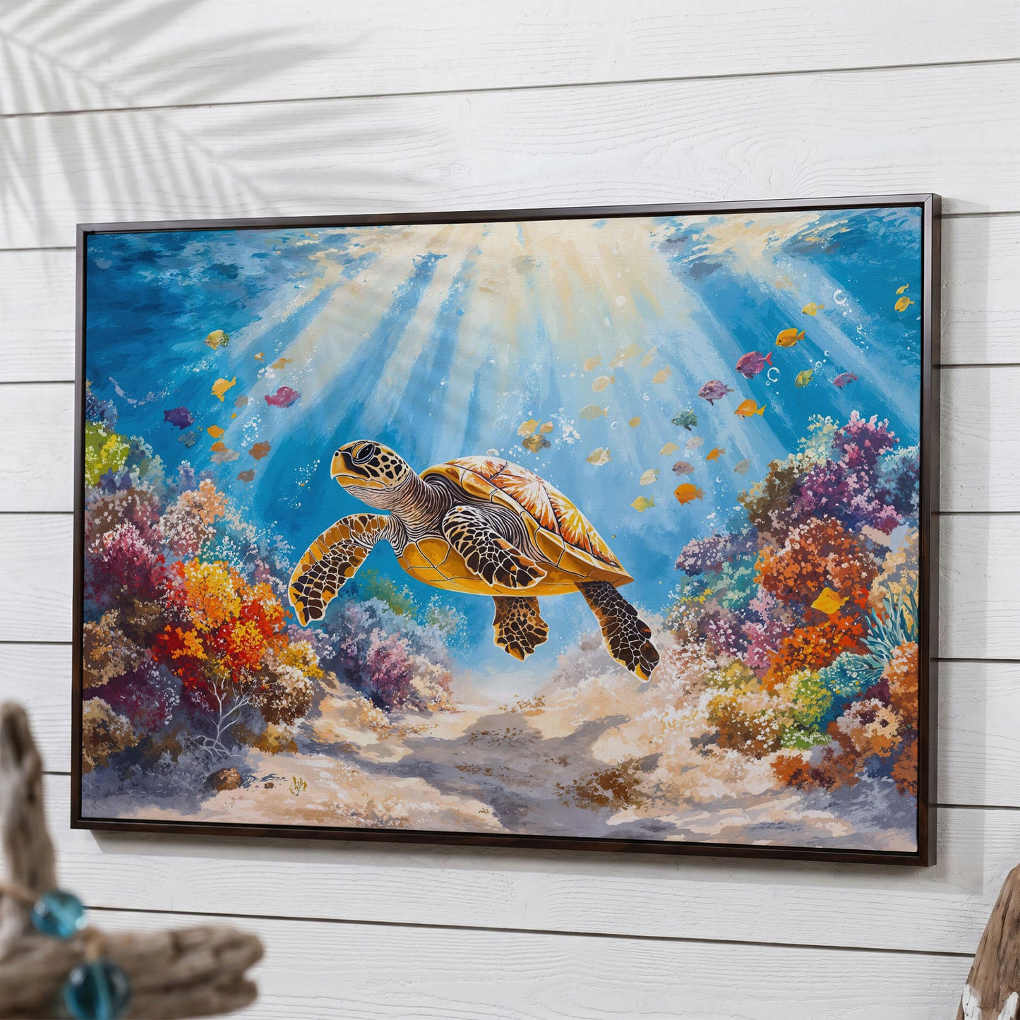 Sea Turtle Canvas Print with Sunlit Reef in dark walnut floating frame