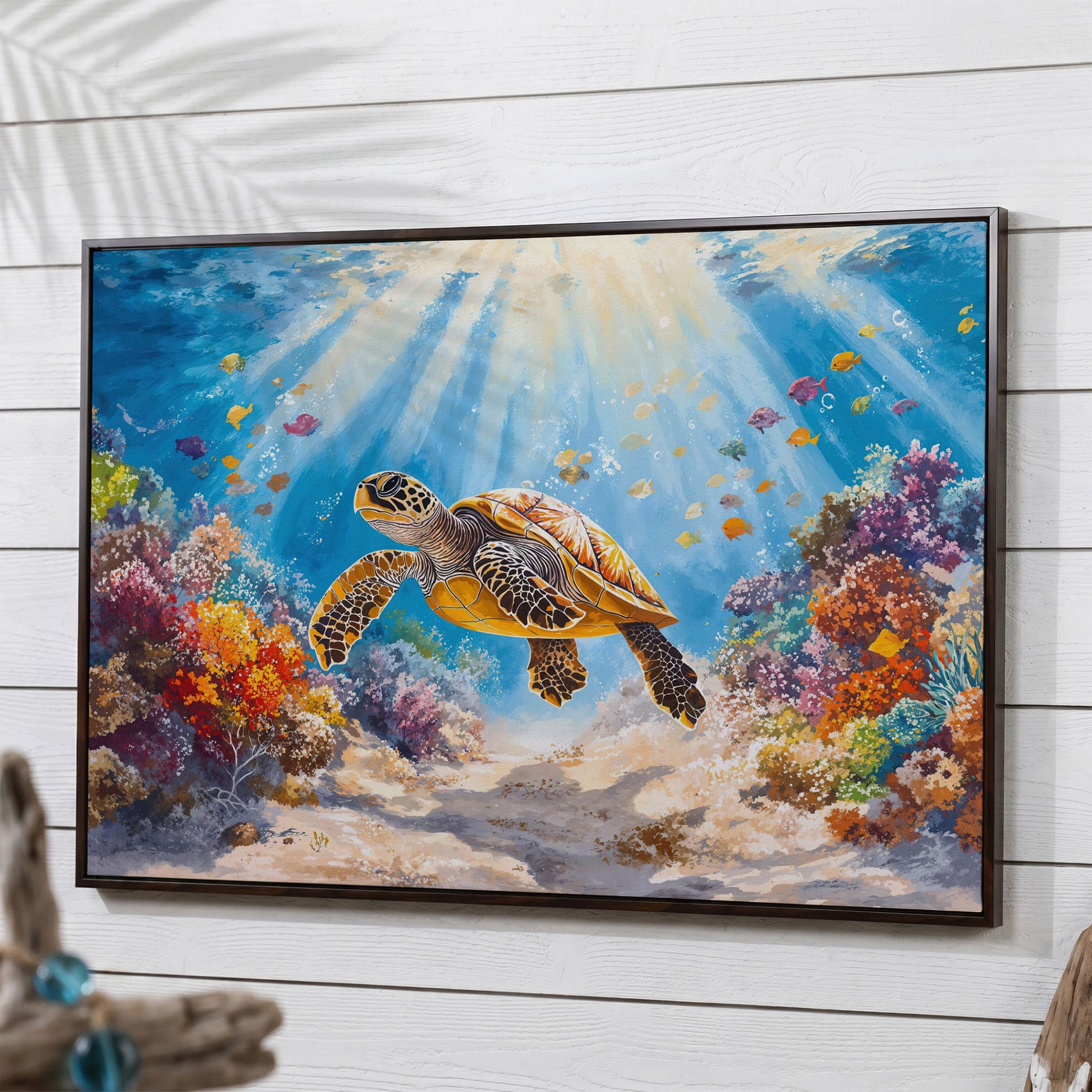 Sea Turtle Canvas Print with Sunlit Reef in dark walnut floating frame