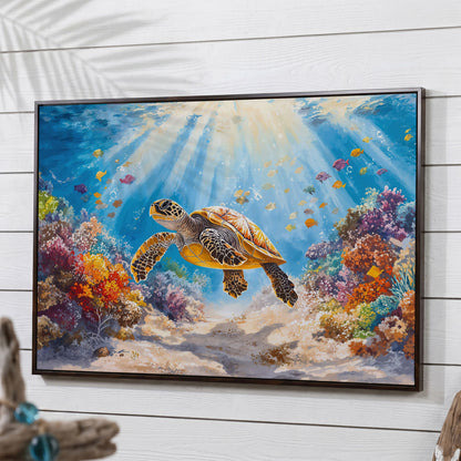 Sea Turtle Canvas Print with Sunlit Reef in dark walnut floating frame