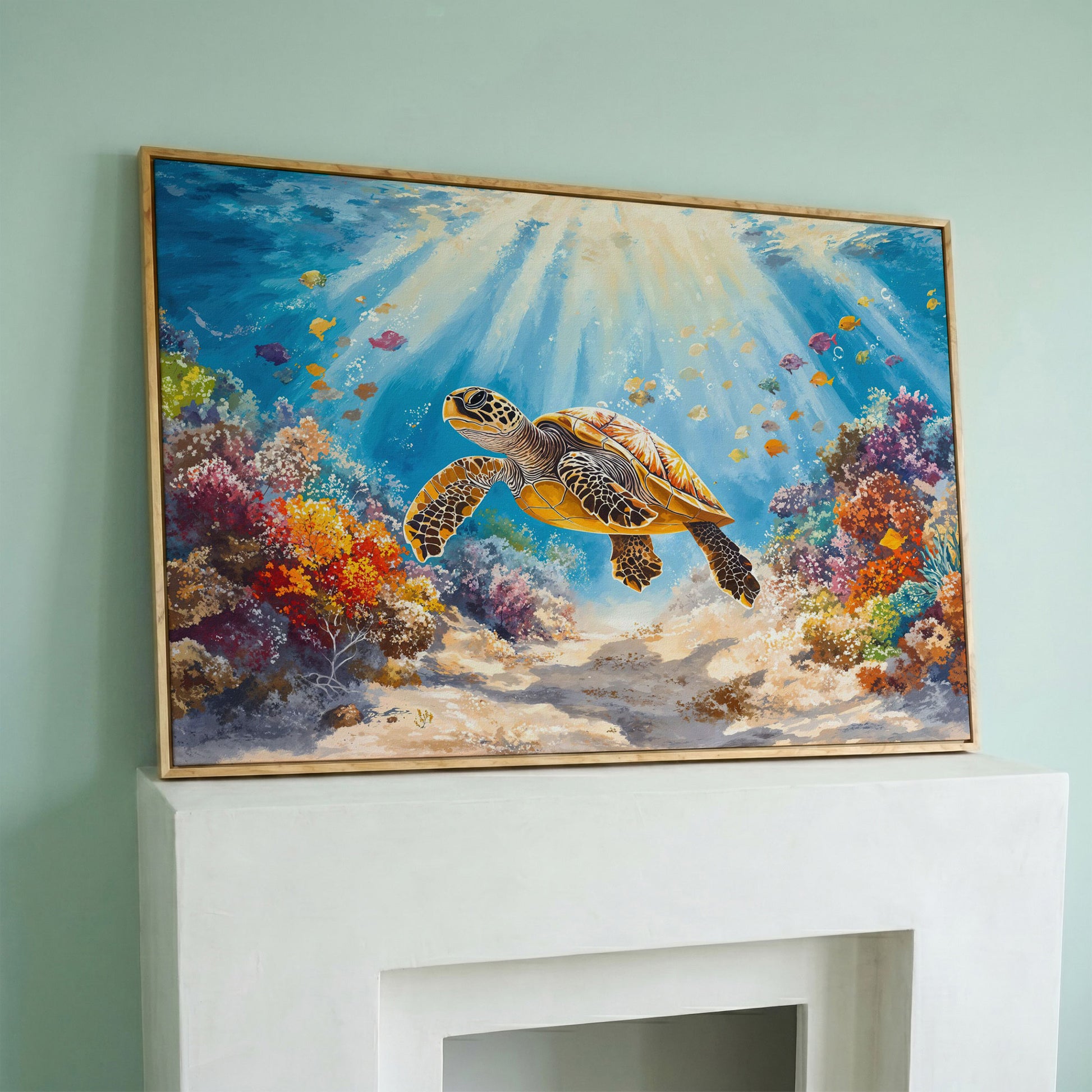 Sea Turtle Canvas Print with Sunlit Reef in white oak floating frame