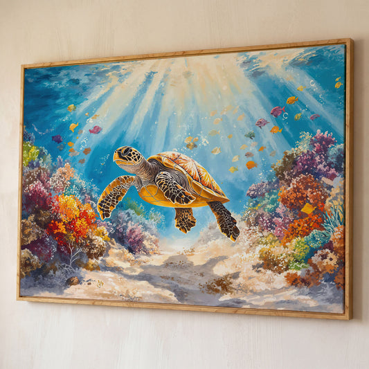 Sea Turtle Canvas Print with Sunlit Reef shown in white oak floating frame