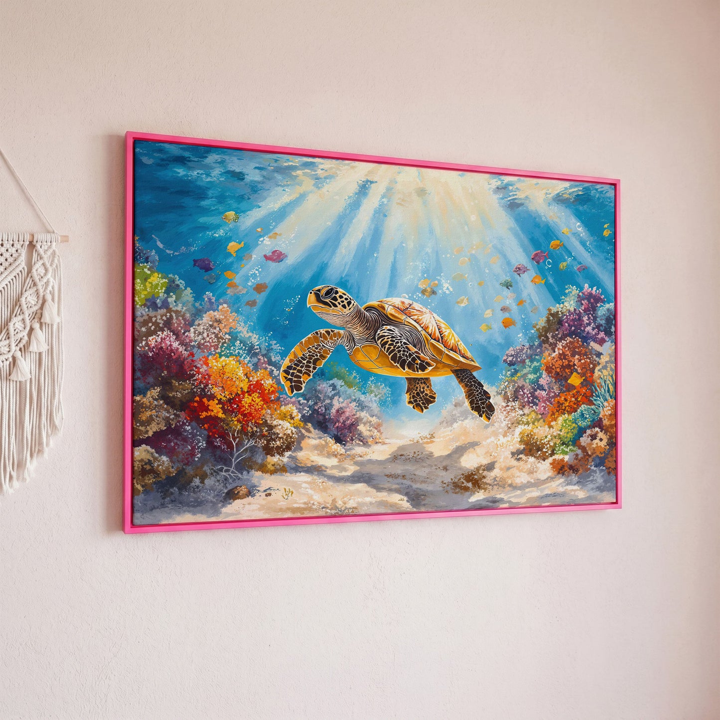Sea Turtle Canvas Print with Sunlit Reef in pink floating frame