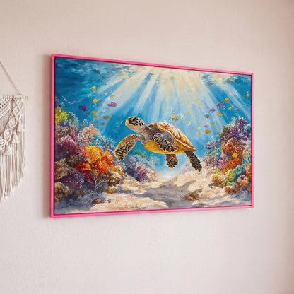 Sea Turtle Canvas Print with Sunlit Reef in pink floating frame