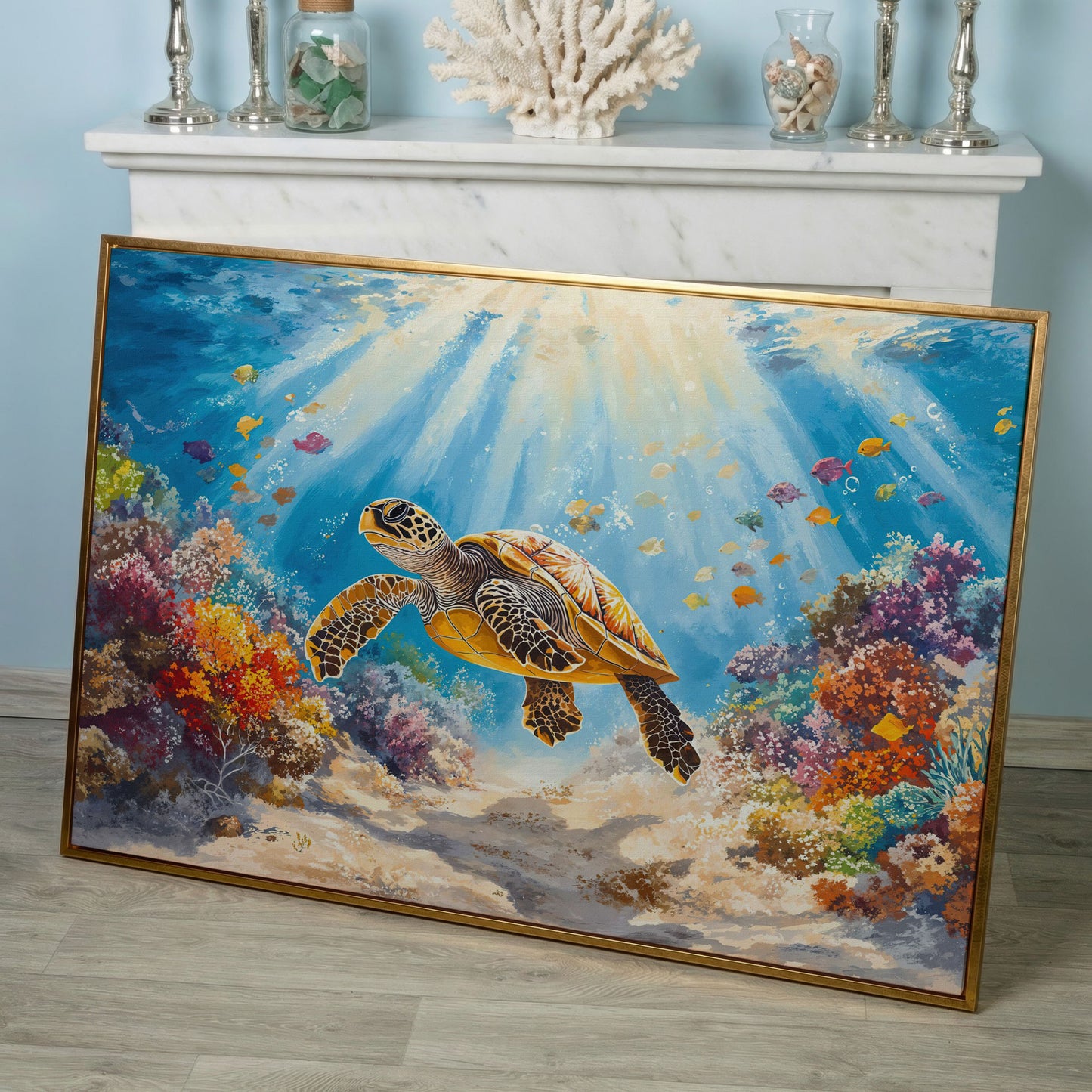 Sea Turtle Canvas Print with Sunlit Reef in rose gold floating frame