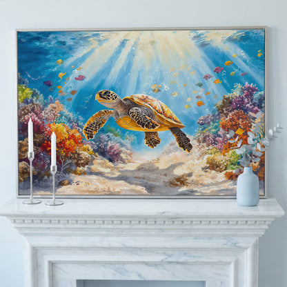 Sea Turtle Canvas Print with Sunlit Reef in silver floating frame