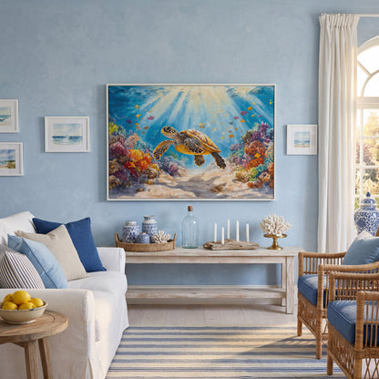 Sea Turtle Canvas Print with Sunlit Reef in white floating frame