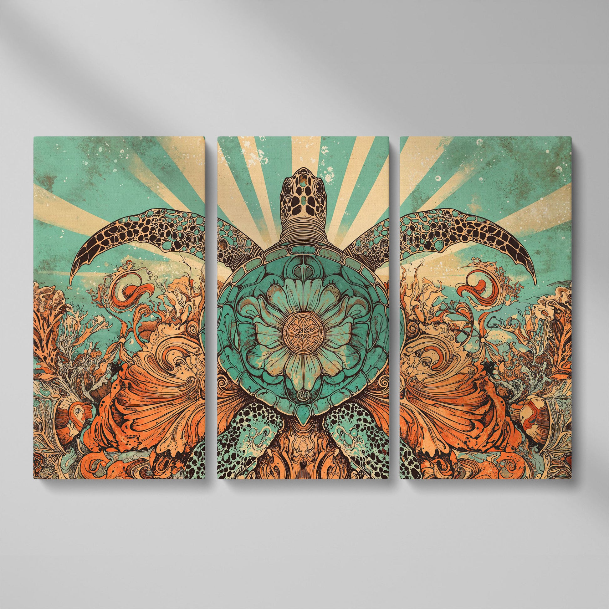 Sea Turtle with Floral Shell Canvas Wall Art, Ocean Life Print as 3-panel split version